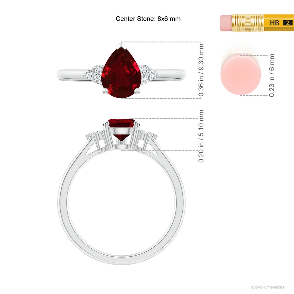 8x6mm AAAA Pear Ruby Solitaire Ring with Trio Diamond Accents in P950 Platinum ruler