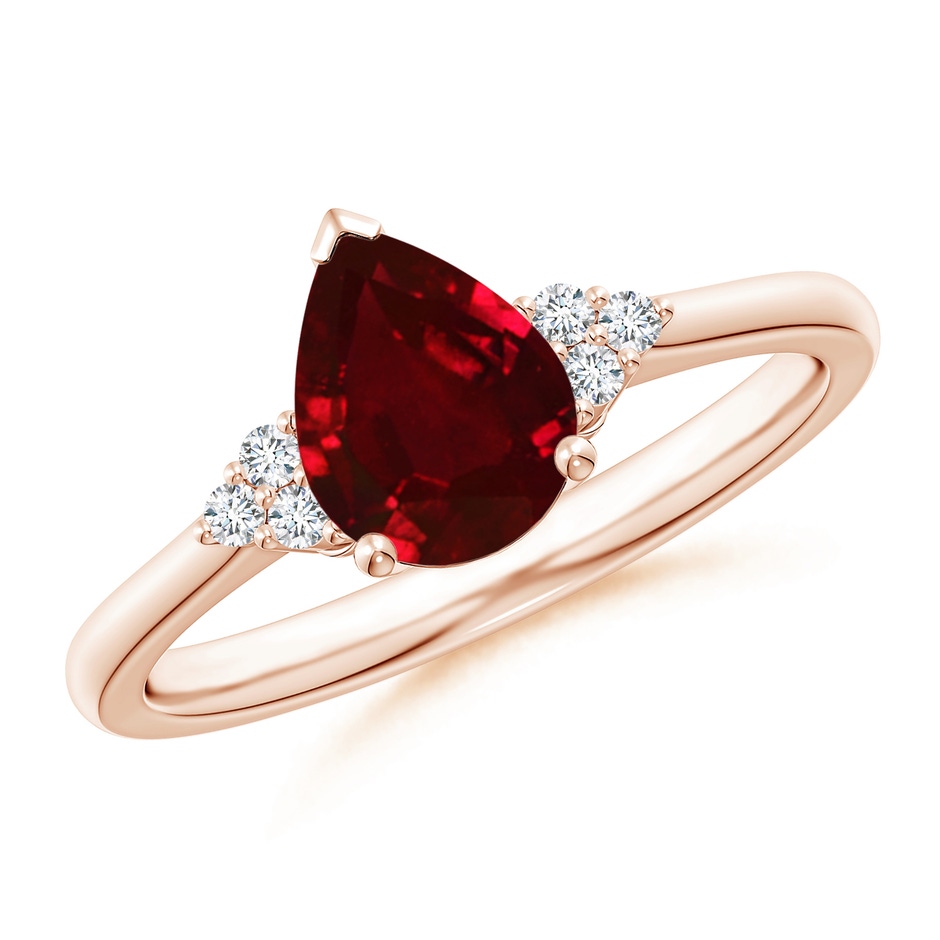 8x6mm AAAA Pear Ruby Solitaire Ring with Trio Diamond Accents in Rose Gold 