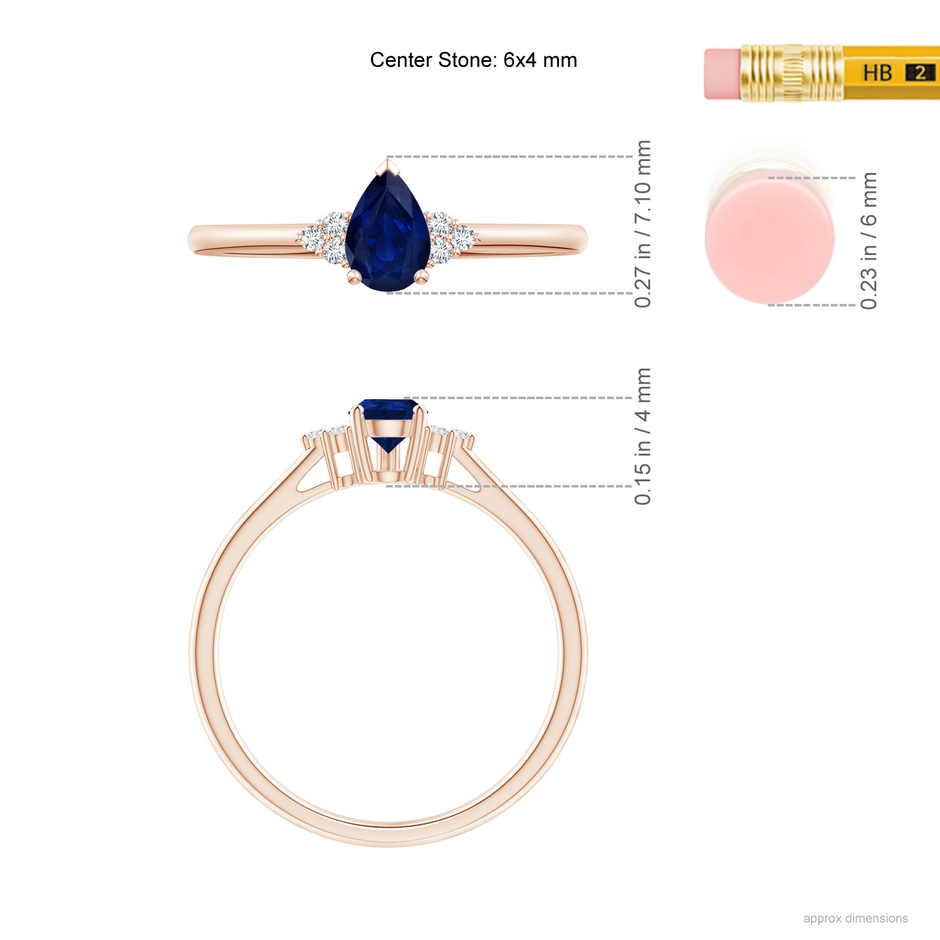 6x4mm AA Pear Sapphire Solitaire Ring with Trio Diamond Accents in 9K Rose Gold ruler