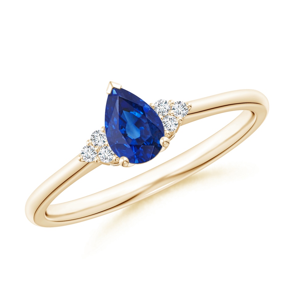 6x4mm AAA Pear Sapphire Solitaire Ring with Trio Diamond Accents in Yellow Gold 