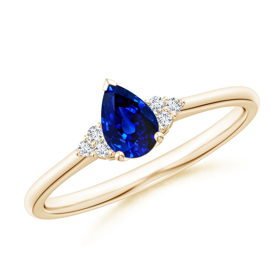 6x4mm AAAA Pear Sapphire Solitaire Ring with Trio Diamond Accents in Yellow Gold 