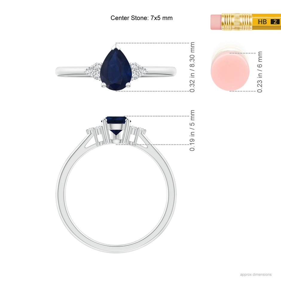 7x5mm A Pear Sapphire Solitaire Ring with Trio Diamond Accents in White Gold ruler