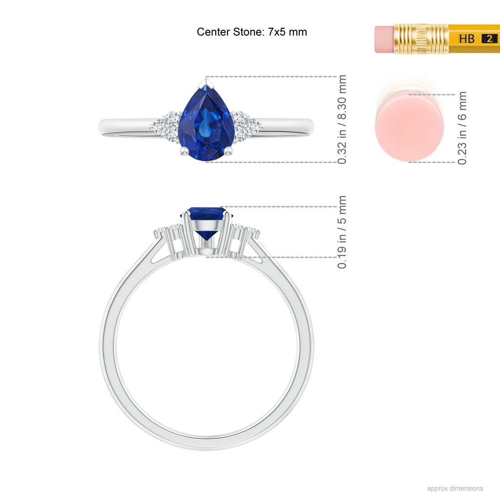 7x5mm AAA Pear Sapphire Solitaire Ring with Trio Diamond Accents in P950 Platinum Ruler