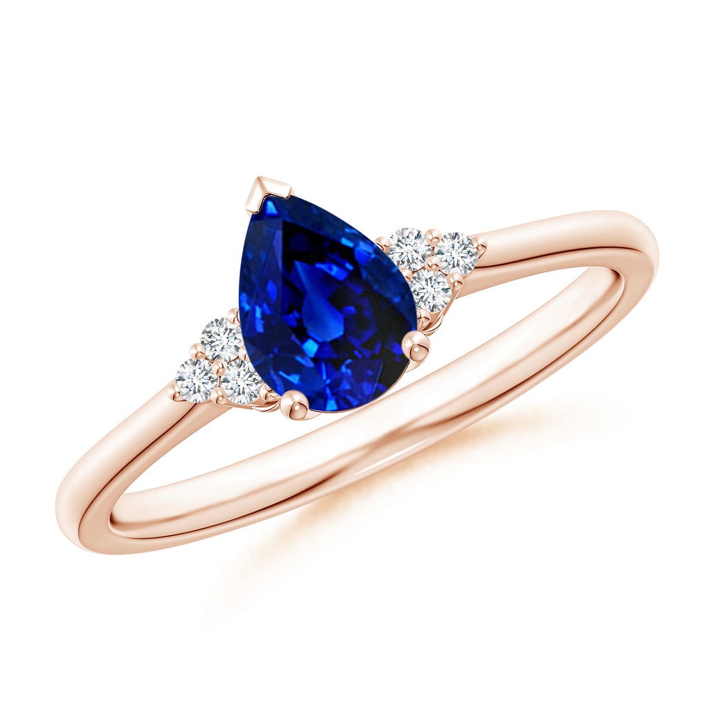 7x5mm AAAA Pear Sapphire Solitaire Ring with Trio Diamond Accents in Rose Gold 