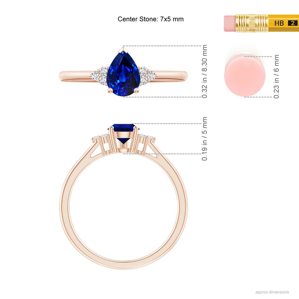 7x5mm AAAA Pear Sapphire Solitaire Ring with Trio Diamond Accents in Rose Gold Ruler