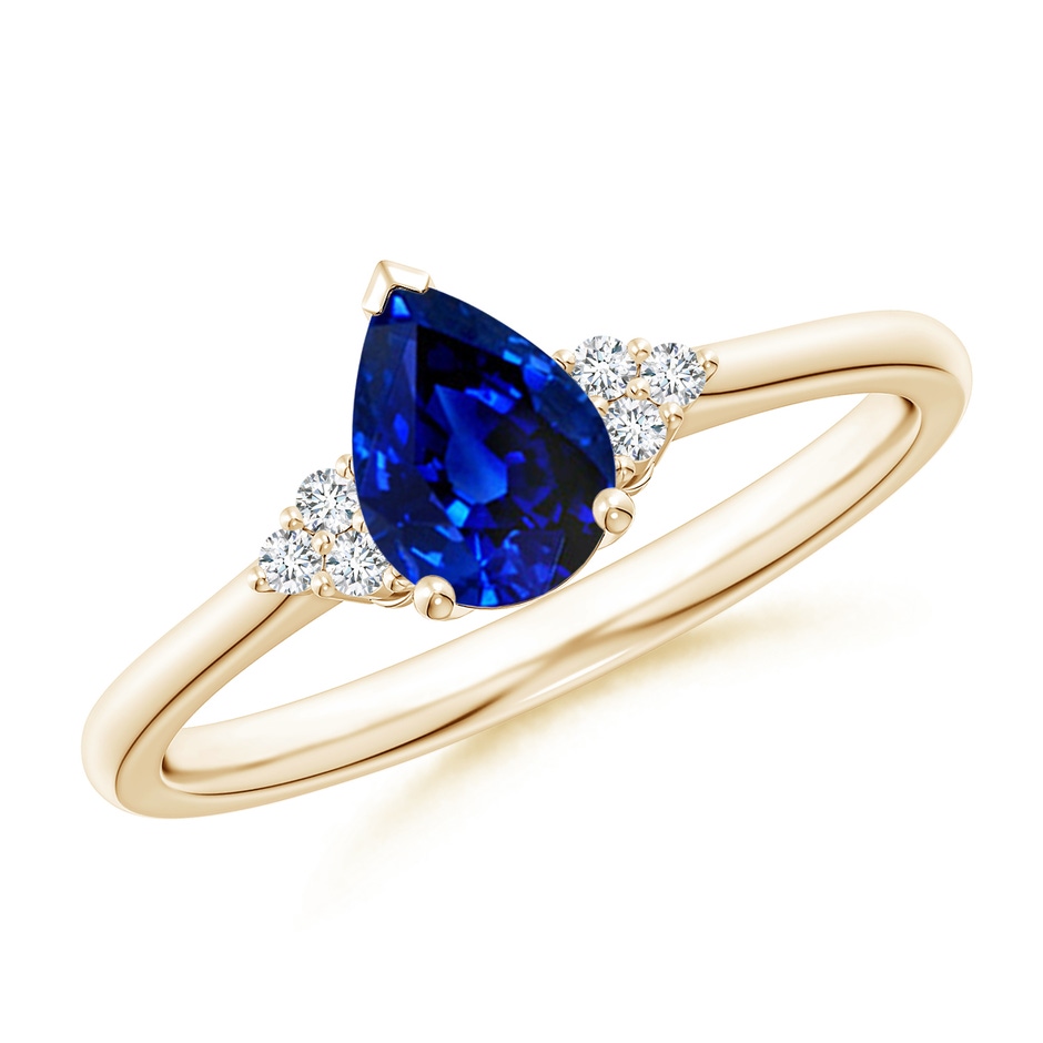 7x5mm AAAA Pear Sapphire Solitaire Ring with Trio Diamond Accents in Yellow Gold 