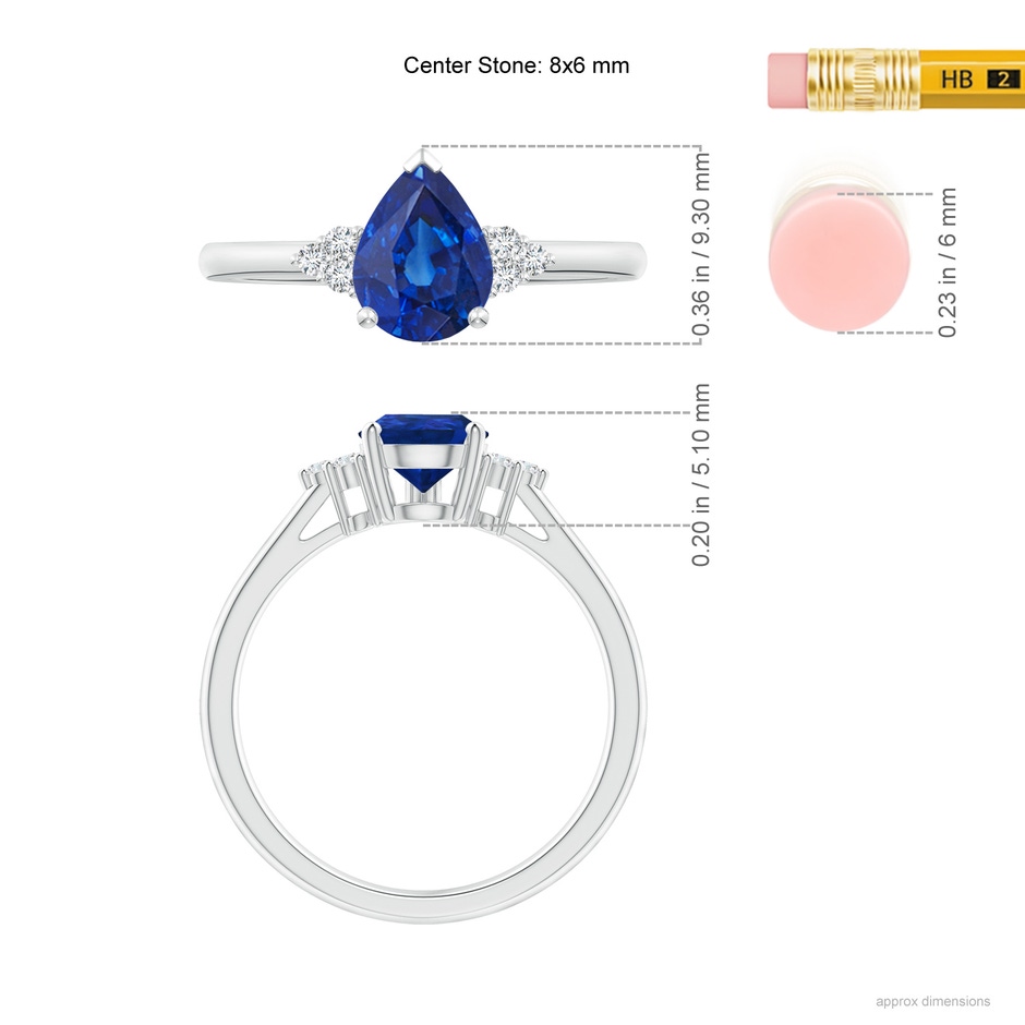 8x6mm AAA Pear Sapphire Solitaire Ring with Trio Diamond Accents in White Gold ruler