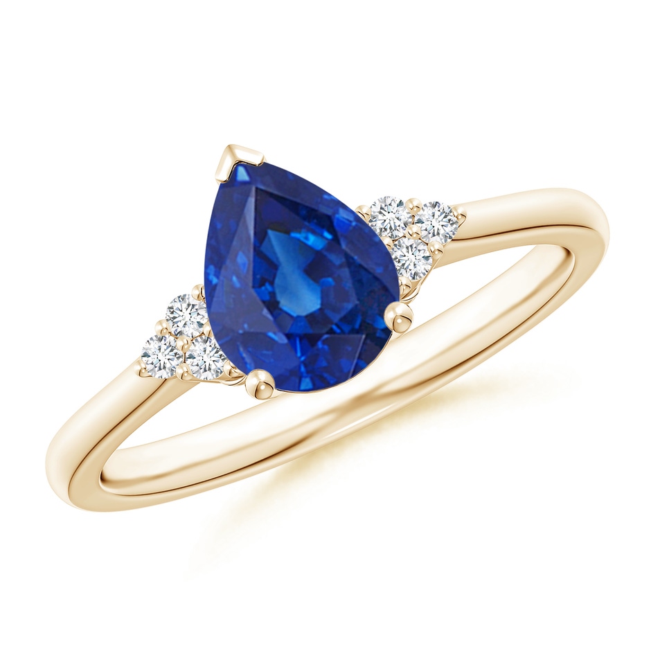 8x6mm AAA Pear Sapphire Solitaire Ring with Trio Diamond Accents in Yellow Gold 