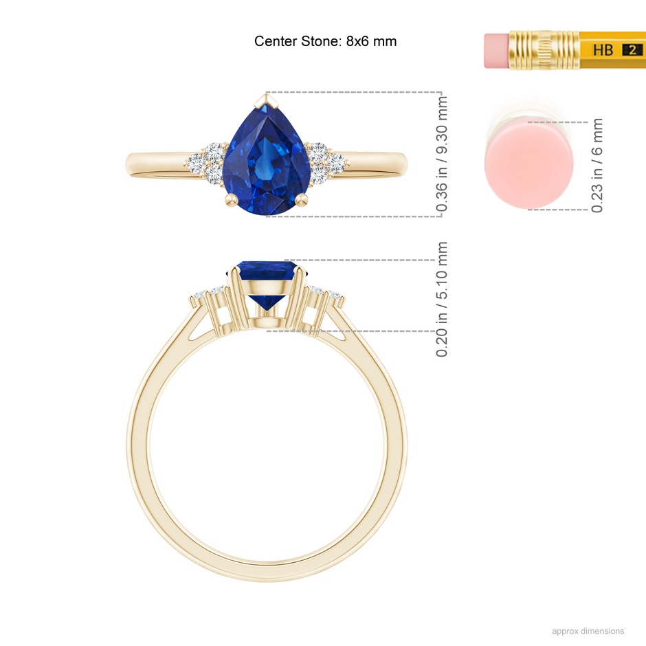 8x6mm AAA Pear Sapphire Solitaire Ring with Trio Diamond Accents in Yellow Gold ruler