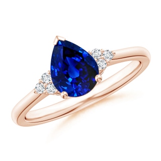8x6mm AAAA Pear Sapphire Solitaire Ring with Trio Diamond Accents in 9K Rose Gold