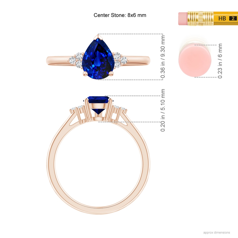 8x6mm AAAA Pear Sapphire Solitaire Ring with Trio Diamond Accents in Rose Gold ruler