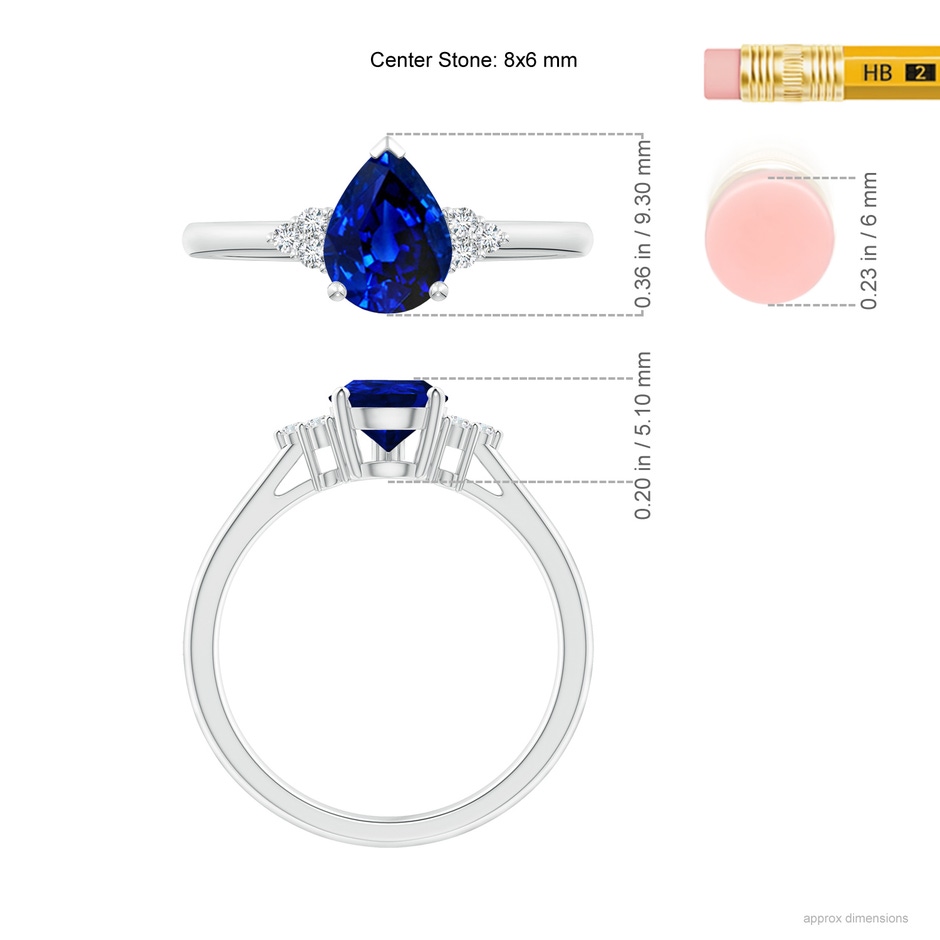 8x6mm AAAA Pear Sapphire Solitaire Ring with Trio Diamond Accents in White Gold ruler