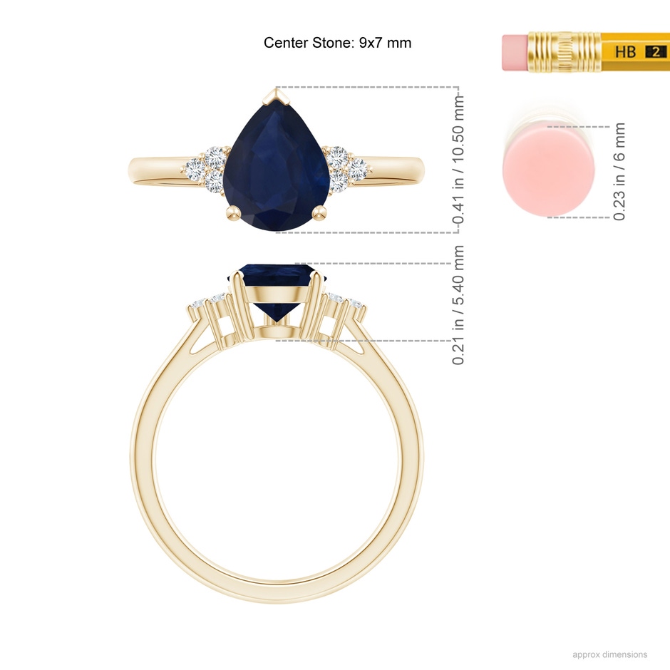 9x7mm A Pear Sapphire Solitaire Ring with Trio Diamond Accents in Yellow Gold ruler