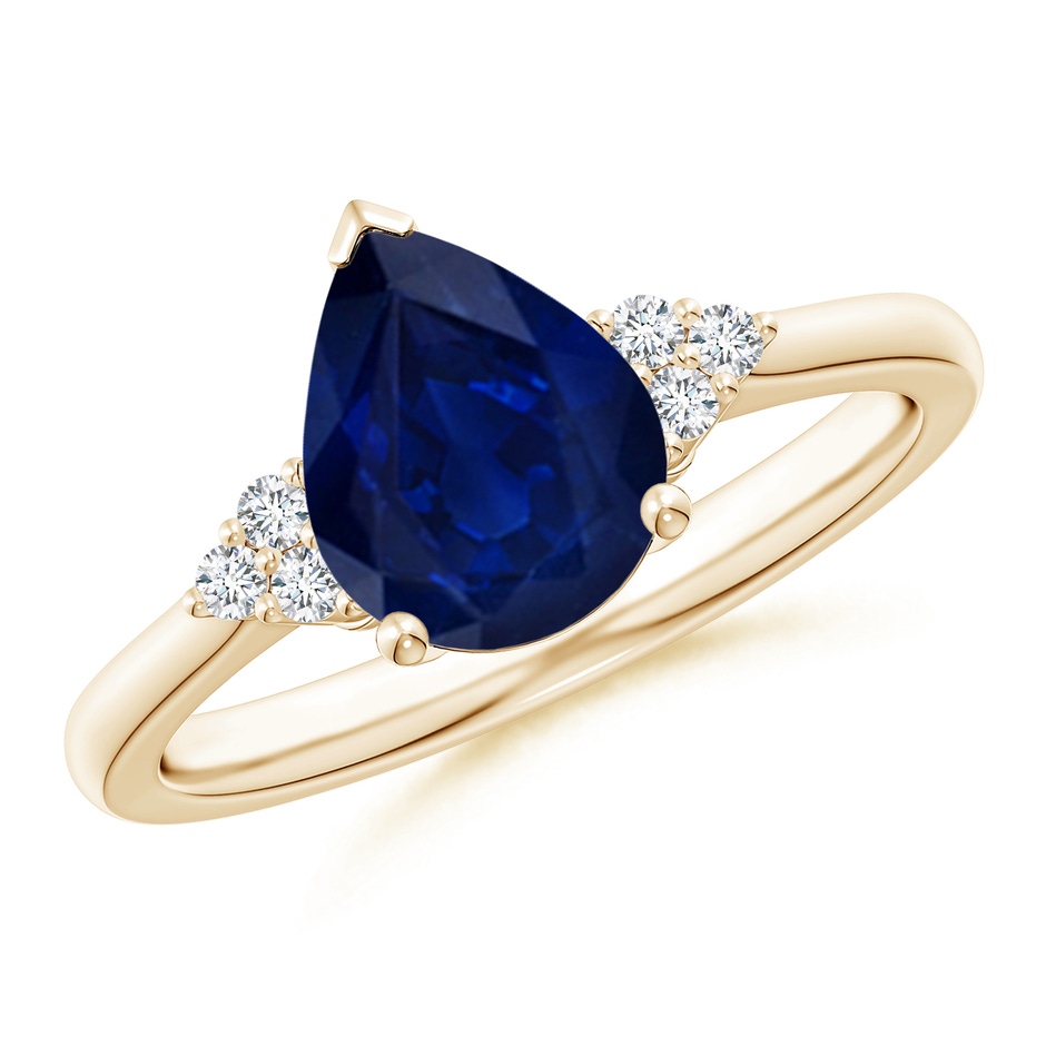 9x7mm AA Pear Sapphire Solitaire Ring with Trio Diamond Accents in Yellow Gold 