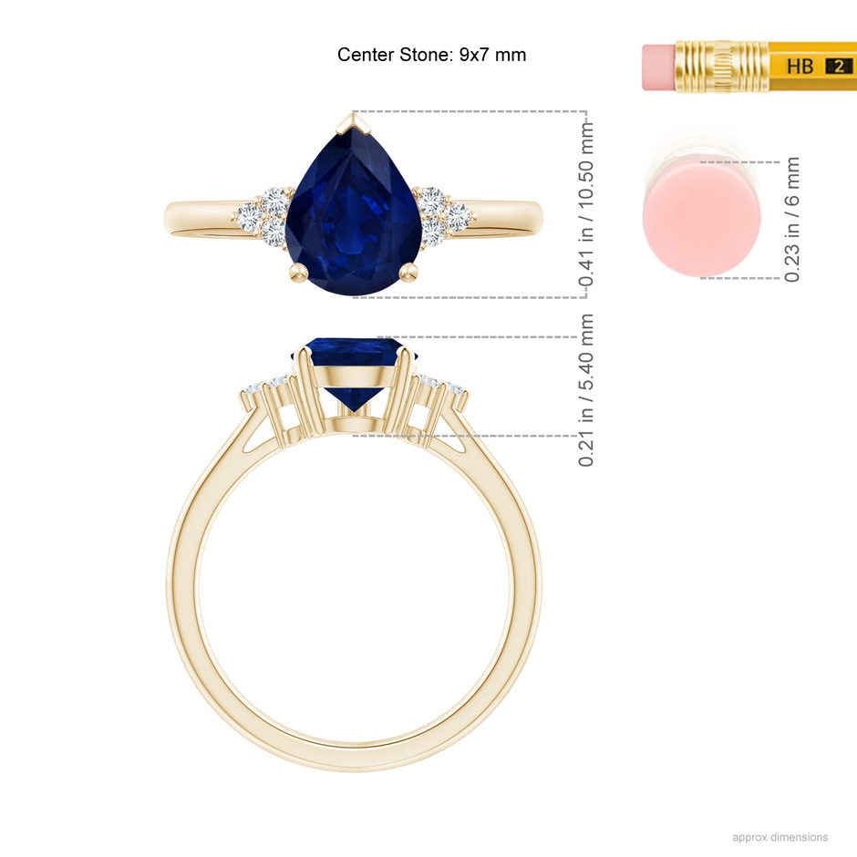 9x7mm AA Pear Sapphire Solitaire Ring with Trio Diamond Accents in Yellow Gold ruler