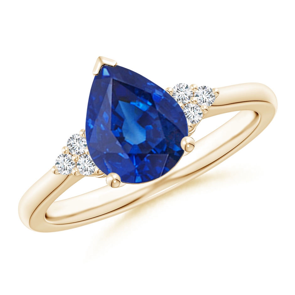 9x7mm AAA Pear Sapphire Solitaire Ring with Trio Diamond Accents in 10K Yellow Gold 