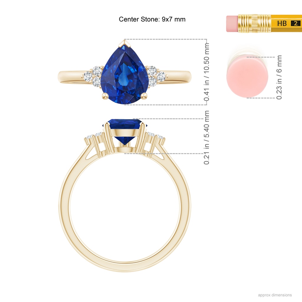 9x7mm AAA Pear Sapphire Solitaire Ring with Trio Diamond Accents in 10K Yellow Gold Ruler