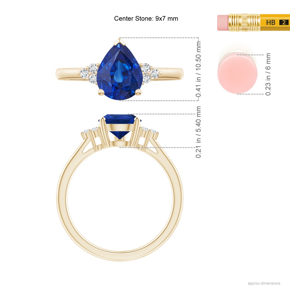 9x7mm AAA Pear Sapphire Solitaire Ring with Trio Diamond Accents in 10K Yellow Gold ruler