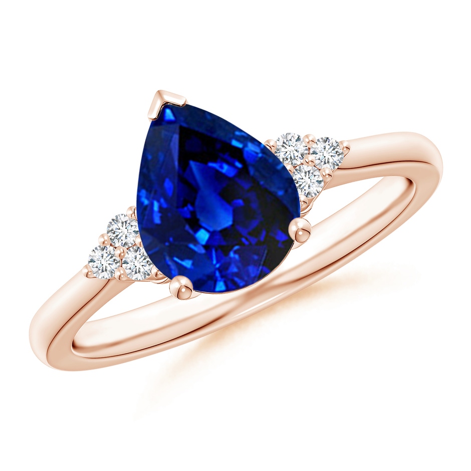 9x7mm AAAA Pear Sapphire Solitaire Ring with Trio Diamond Accents in Rose Gold 