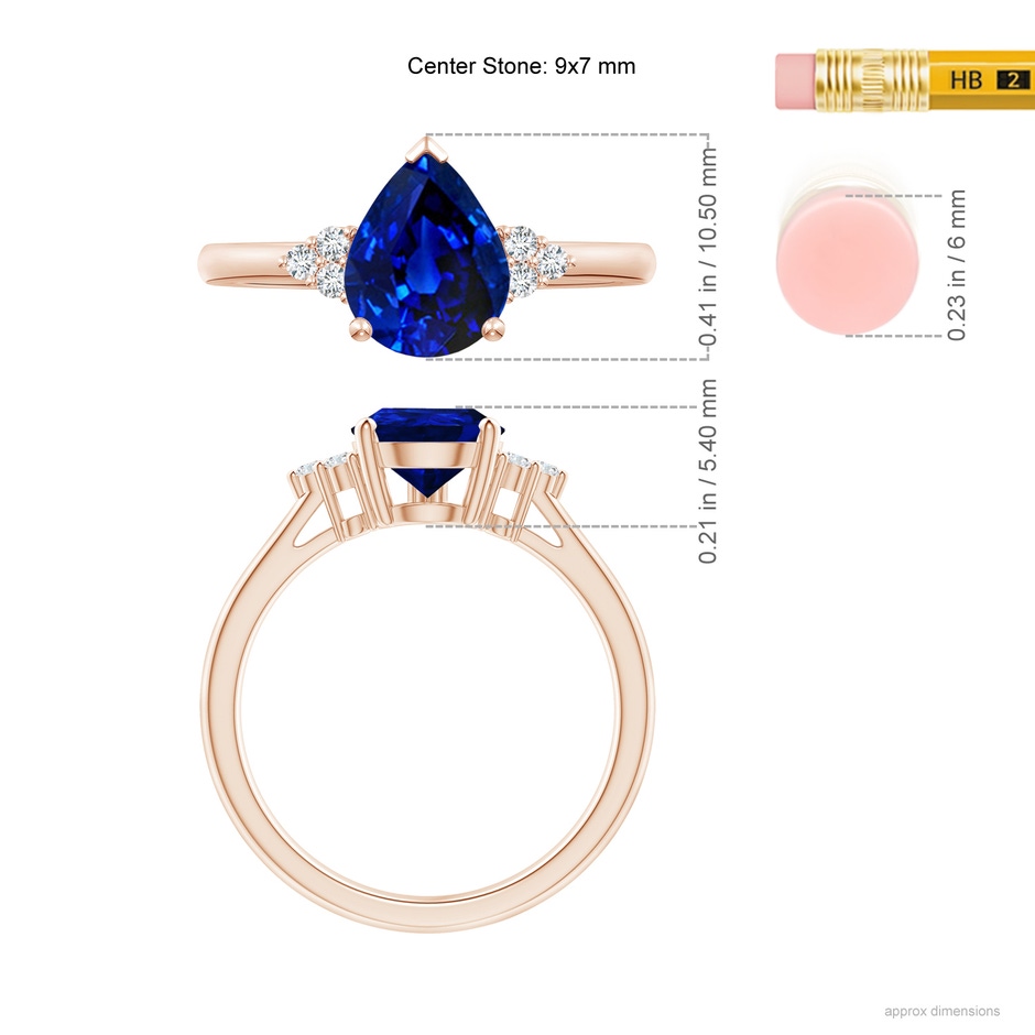 9x7mm AAAA Pear Sapphire Solitaire Ring with Trio Diamond Accents in Rose Gold ruler