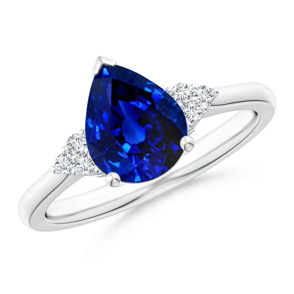 9x7mm AAAA Pear Sapphire Solitaire Ring with Trio Diamond Accents in White Gold 