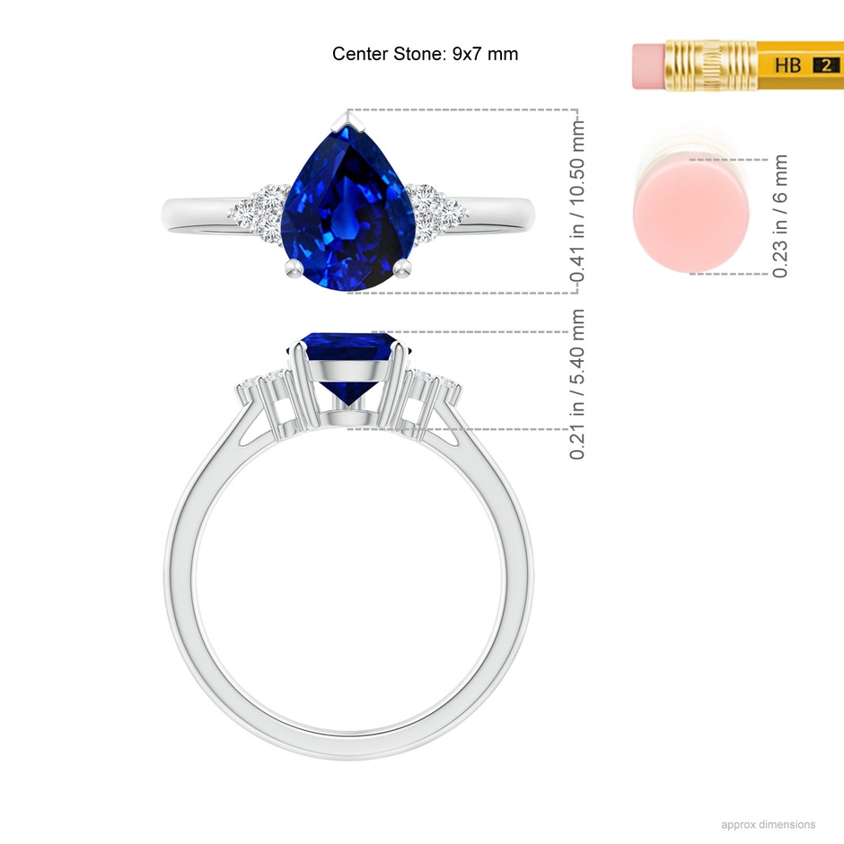 9x7mm AAAA Pear Sapphire Solitaire Ring with Trio Diamond Accents in White Gold ruler