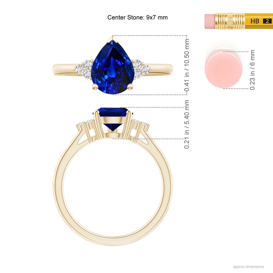 9x7mm AAAA Pear Sapphire Solitaire Ring with Trio Diamond Accents in Yellow Gold ruler