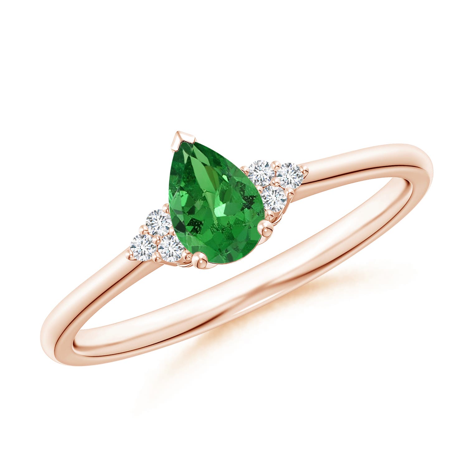 6x4mm AAA Pear Tsavorite Solitaire Ring with Trio Diamond Accents in Rose Gold