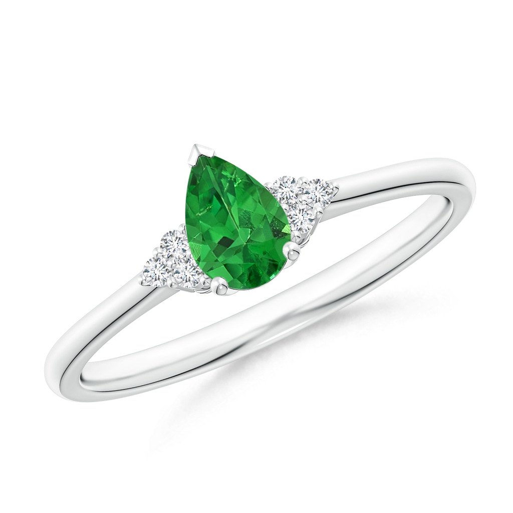 6x4mm AAAA Pear Tsavorite Solitaire Ring with Trio Diamond Accents in P950 Platinum