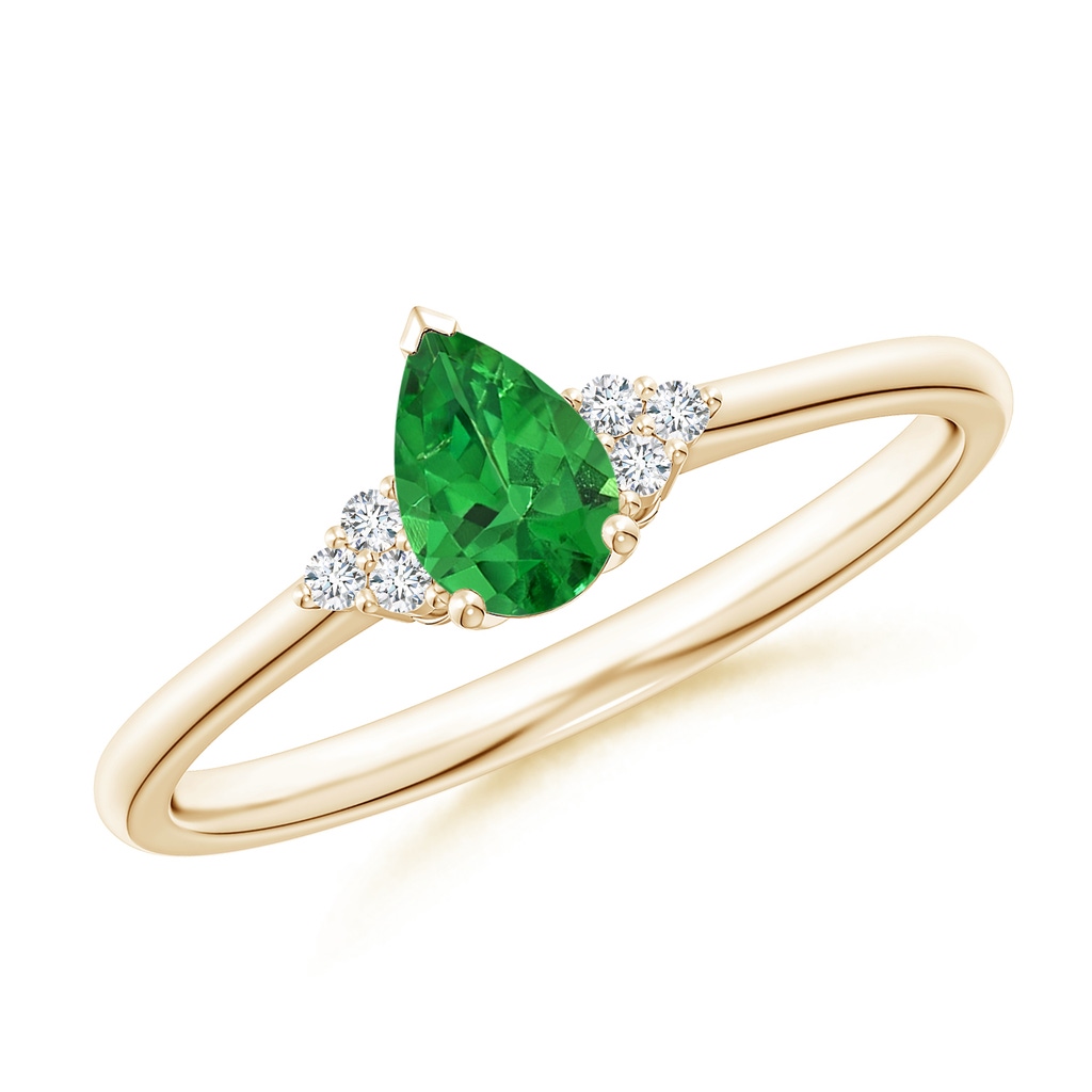 6x4mm AAAA Pear Tsavorite Solitaire Ring with Trio Diamond Accents in Yellow Gold
