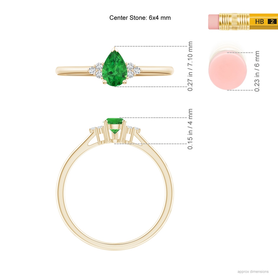 6x4mm AAAA Pear Tsavorite Solitaire Ring with Trio Diamond Accents in Yellow Gold ruler