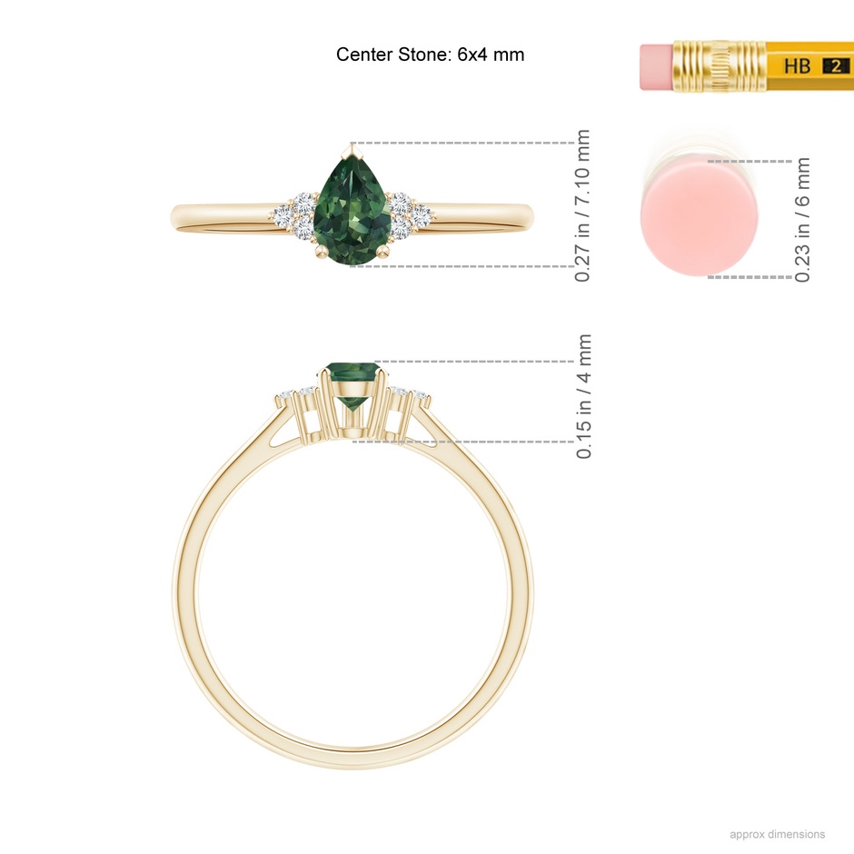 6x4mm AA Pear Teal Montana Sapphire Solitaire Ring with Trio Diamonds in 10K Yellow Gold ruler
