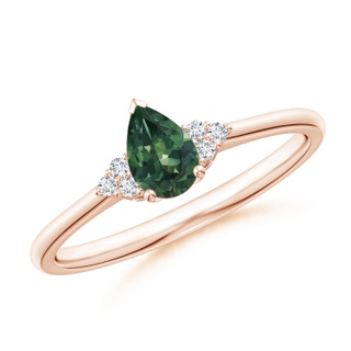 6x4mm AA Pear Teal Montana Sapphire Solitaire Ring with Trio Diamonds in Rose Gold