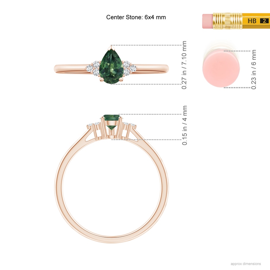 6x4mm AA Pear Teal Montana Sapphire Solitaire Ring with Trio Diamonds in Rose Gold ruler