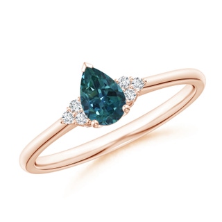 6x4mm AAA Pear Teal Montana Sapphire Solitaire Ring with Trio Diamonds in 9K Rose Gold