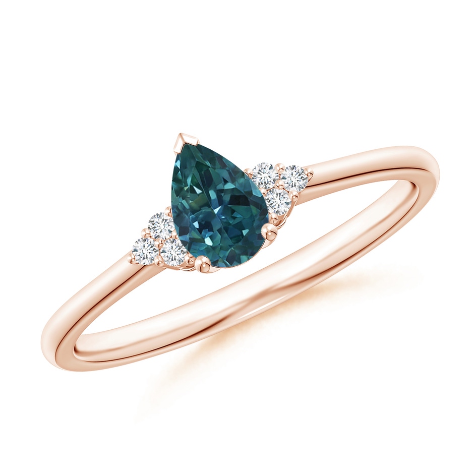 6x4mm AAA Pear Teal Montana Sapphire Solitaire Ring with Trio Diamonds in 9K Rose Gold 