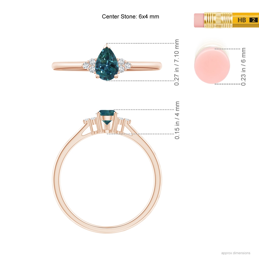 6x4mm AAA Pear Teal Montana Sapphire Solitaire Ring with Trio Diamonds in Rose Gold Ruler