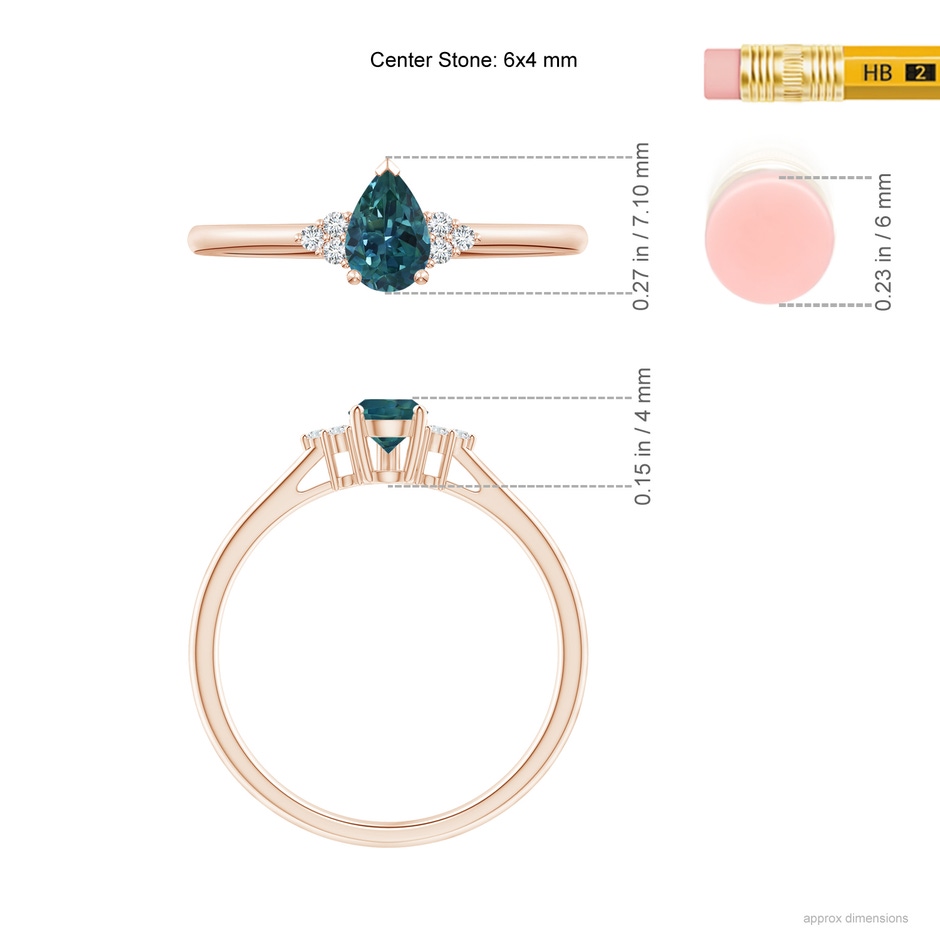 6x4mm AAA Pear Teal Montana Sapphire Solitaire Ring with Trio Diamonds in Rose Gold ruler