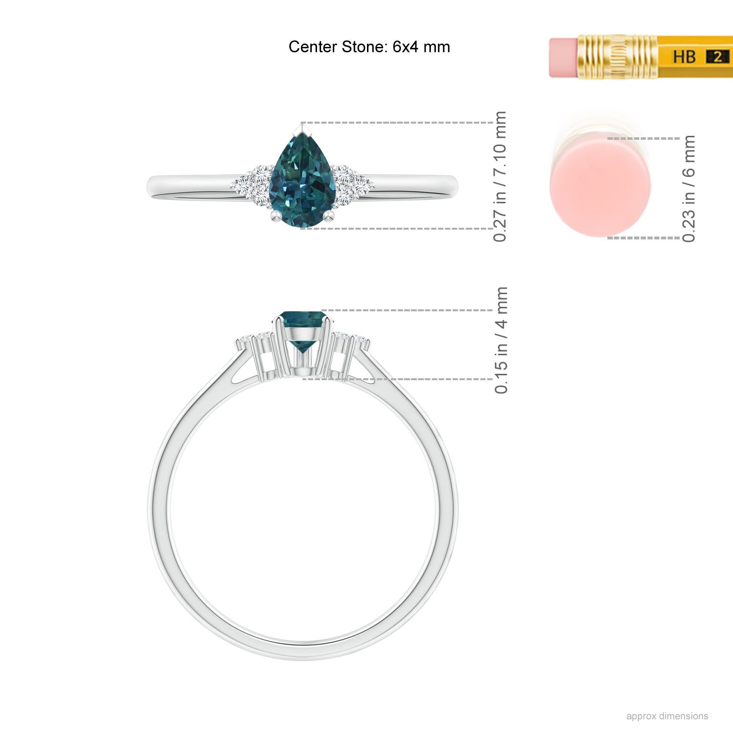 6x4mm AAA Pear Teal Montana Sapphire Solitaire Ring with Trio Diamonds in White Gold - ruler