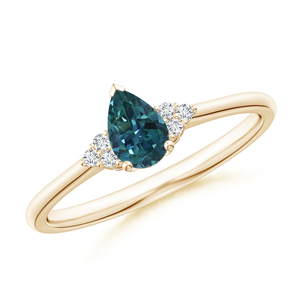 6x4mm AAA Pear Teal Montana Sapphire Solitaire Ring with Trio Diamonds in Yellow Gold