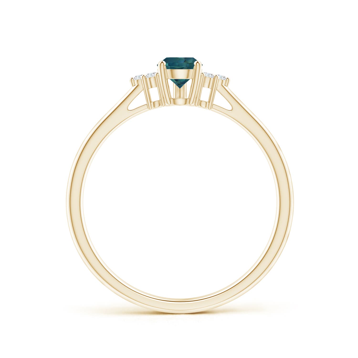 6x4mm AAA Pear Teal Montana Sapphire Solitaire Ring with Trio Diamonds in Yellow Gold - side 3