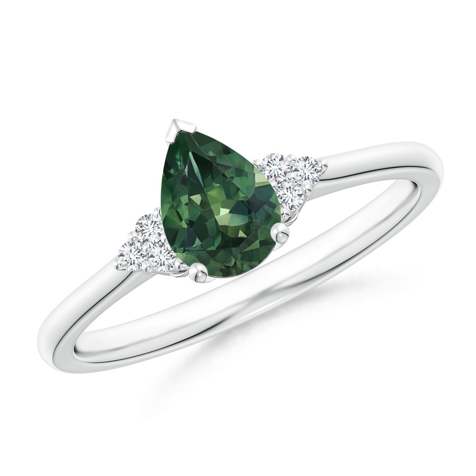 7x5mm AA Pear Teal Montana Sapphire Solitaire Ring with Trio Diamonds in 9K White Gold 