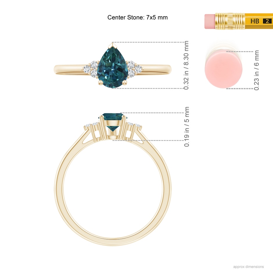 7x5mm AAA Pear Teal Montana Sapphire Solitaire Ring with Trio Diamonds in 9K Yellow Gold ruler