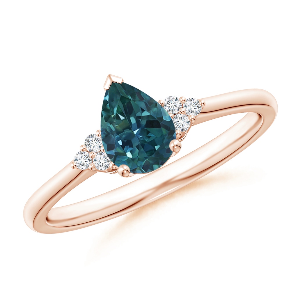 7x5mm AAA Pear Teal Montana Sapphire Solitaire Ring with Trio Diamonds in Rose Gold