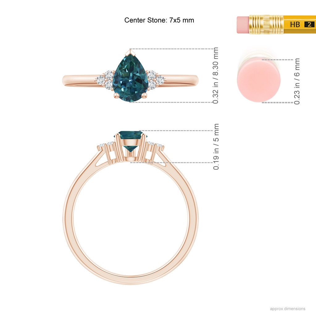 7x5mm AAA Pear Teal Montana Sapphire Solitaire Ring with Trio Diamonds in Rose Gold Ruler