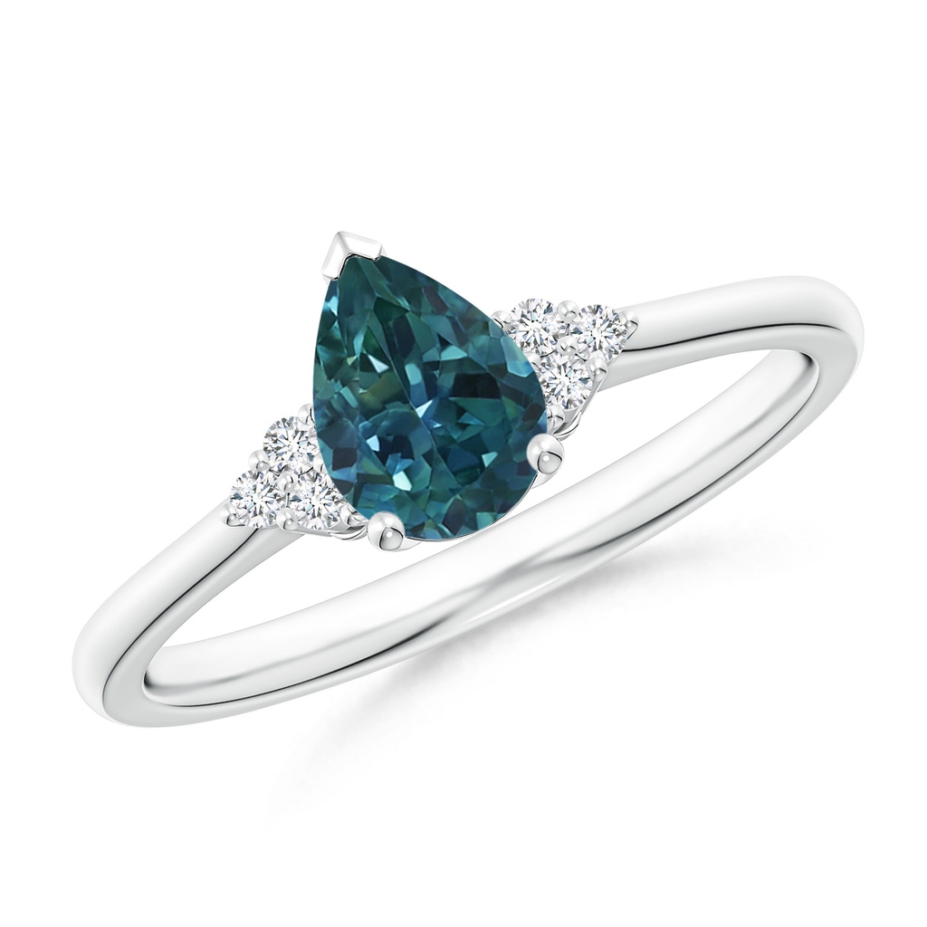 7x5mm AAA Pear Teal Montana Sapphire Solitaire Ring with Trio Diamonds in White Gold
