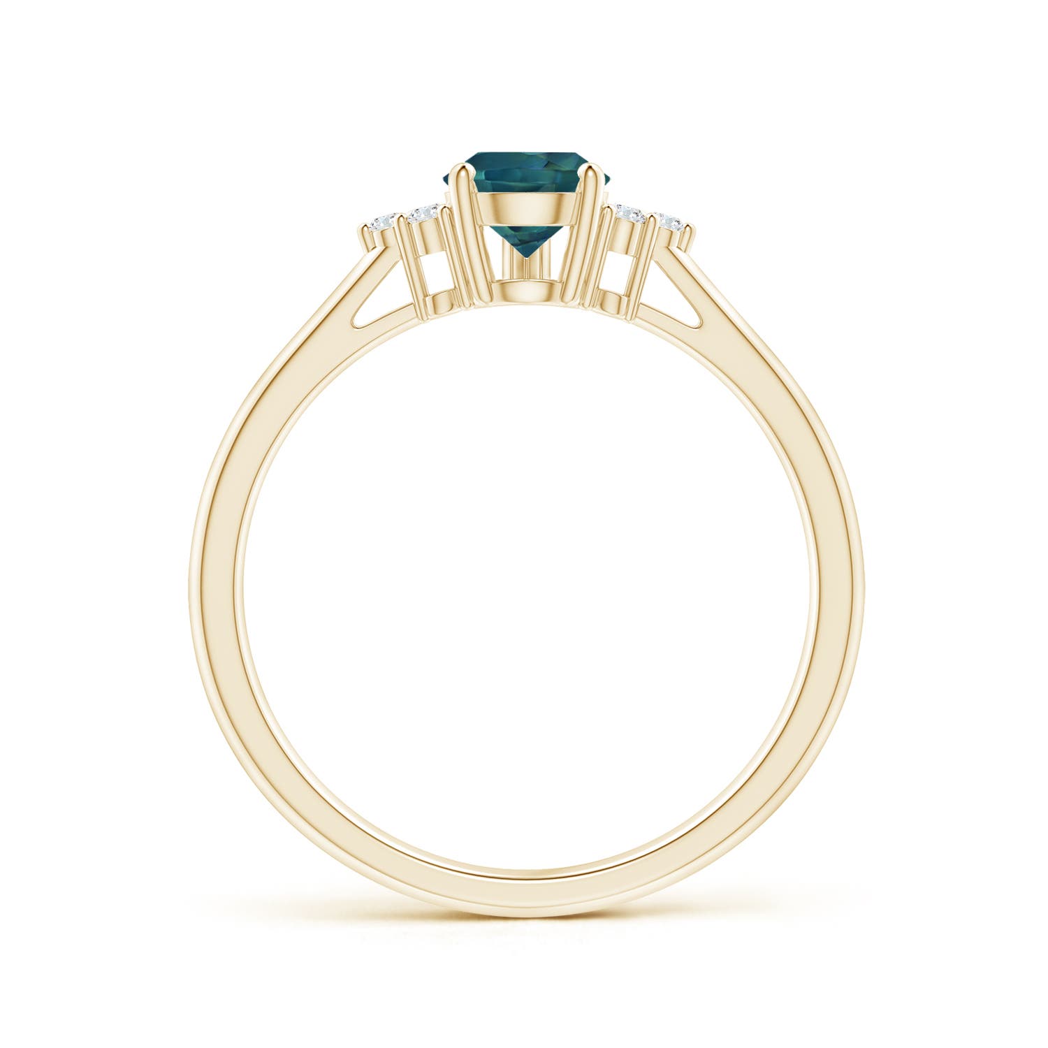 7x5mm AAA Pear Teal Montana Sapphire Solitaire Ring with Trio Diamonds in Yellow Gold