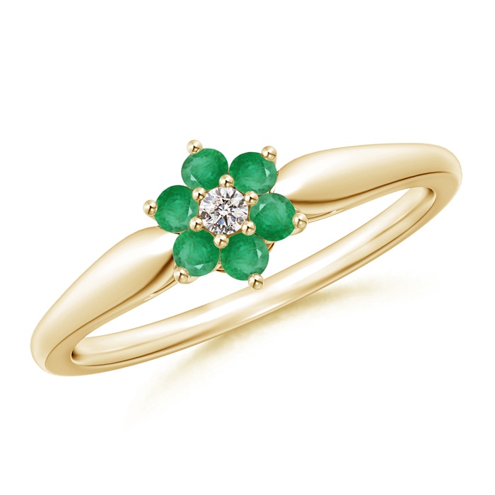 2mm A Classic Six Petal Emerald and Diamond Flower Ring in Yellow Gold 