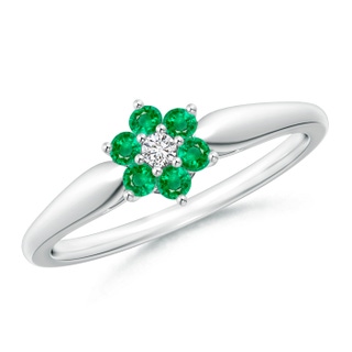 2mm AAA Classic Six Petal Emerald and Diamond Flower Ring in White Gold