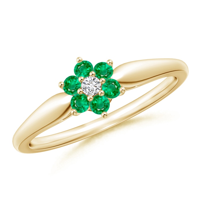 2mm AAA Classic Six Petal Emerald and Diamond Flower Ring in Yellow Gold 